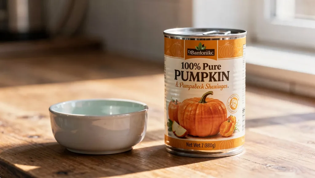 Can of 100% pure pumpkin next to cat bowl