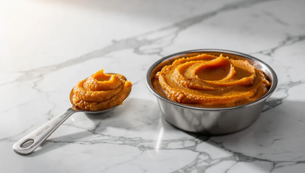 One teaspoon of pumpkin beside a cat food bowl