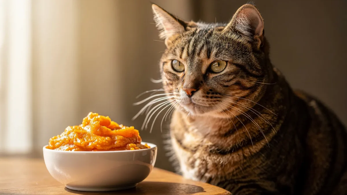 Pumpkin for Cats: Cat sitting beside a bowl of pure pumpkin puree