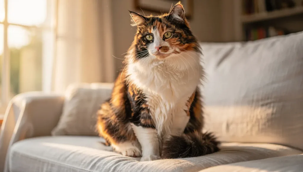 Ragamuffin cat tortoiseshell coat and green eyes