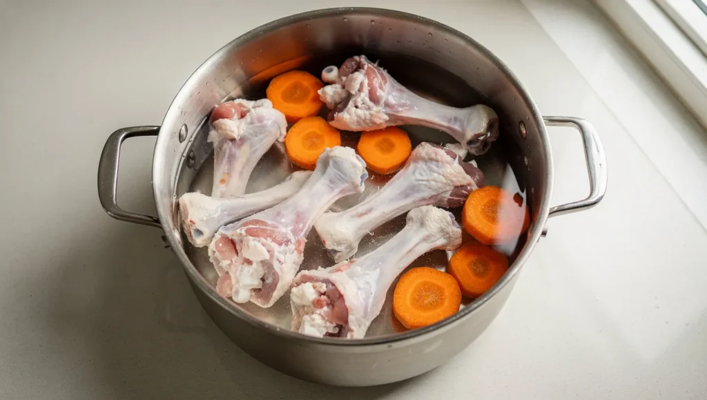 Raw chicken bones in pot with water before simmering - bone broth preparation for cats