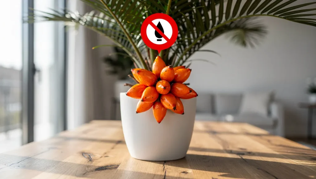 Sago palm houseplant in modern home with warning icon highlighting deadly toxic seeds