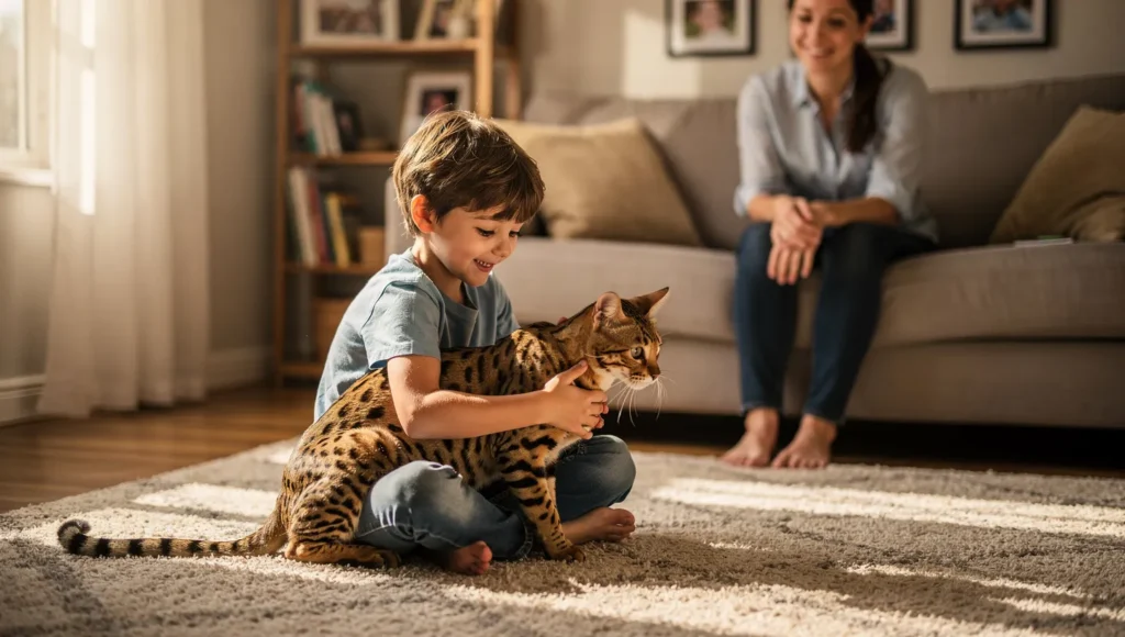 Savannah cat playing gently with child under adult supervision showing family-friendly F4 temperament