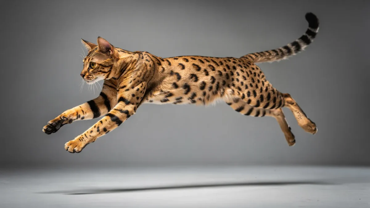 Savannah Cat Behavior: F2 Savannah cat jumping mid-air showing athletic build and spotted coat pattern