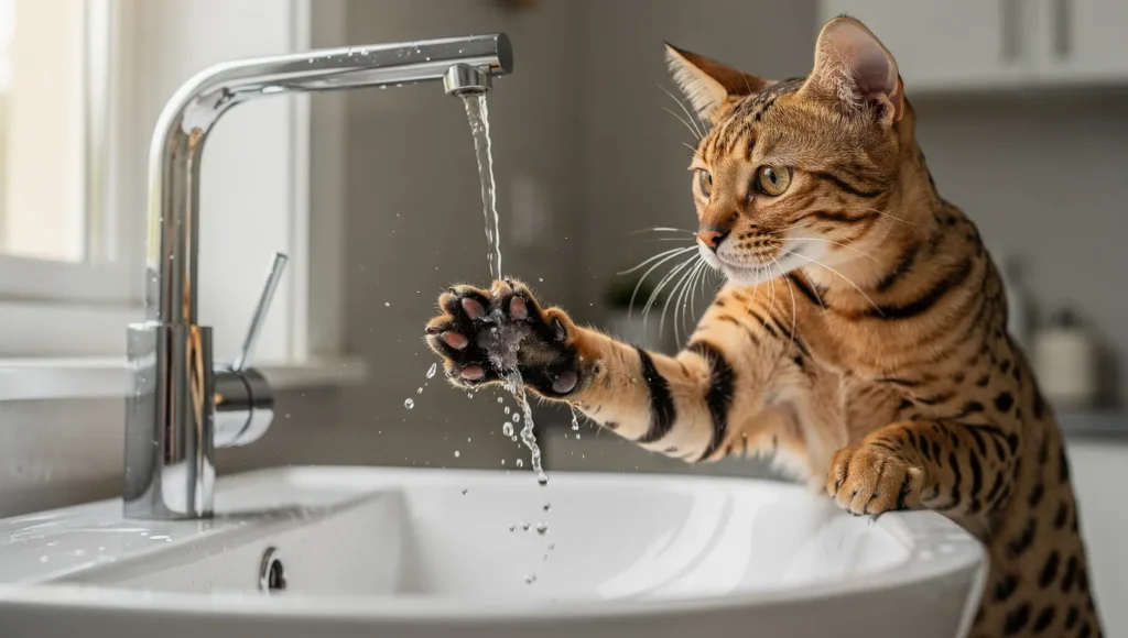 Savannah cat playing with running water from bathroom faucet demonstrating water fascination behavior