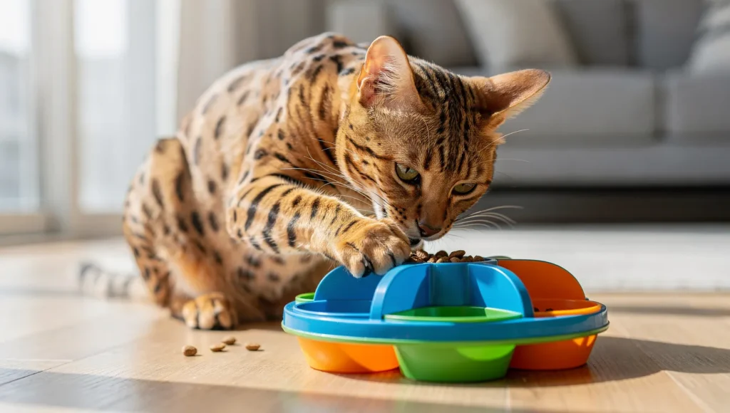 Savannah cat using puzzle feeder demonstrating mental enrichment during mealtime
