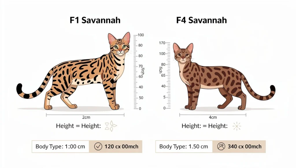 Size comparison infographic showing F1 Savannah versus F4 Savannah height and weight differences