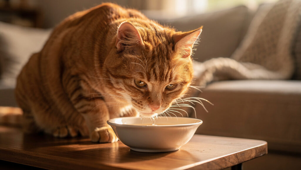 Senior orange cat drinking from a white bowl