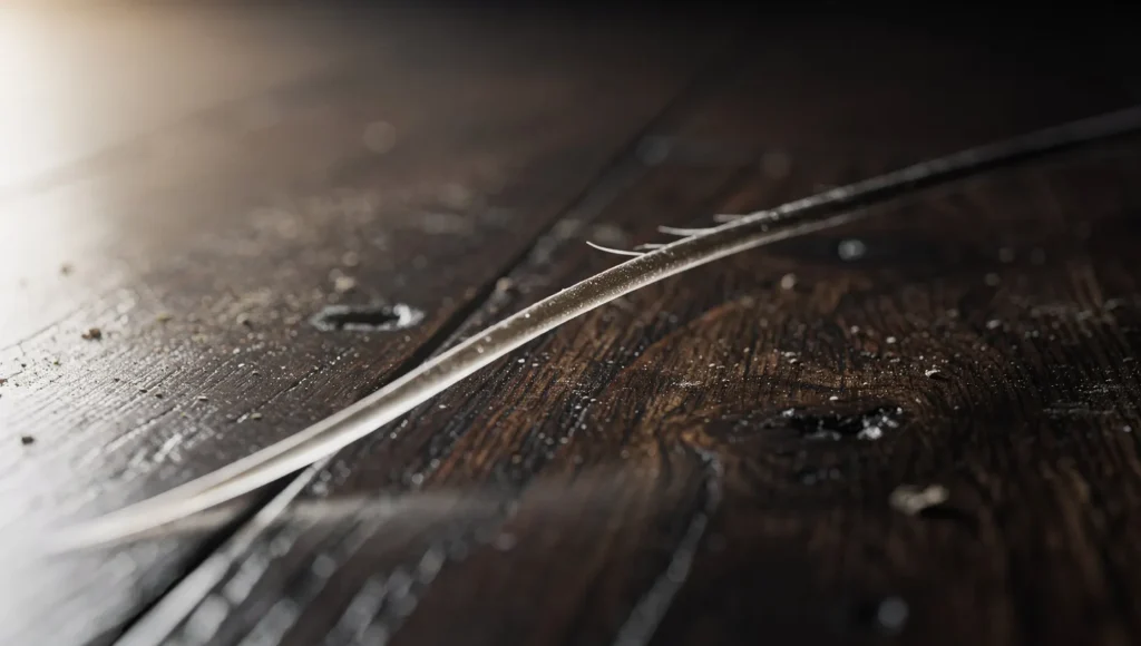 Naturally shed cat whisker on a wooden surface