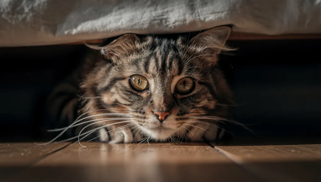 Stressed cat hiding under furniture