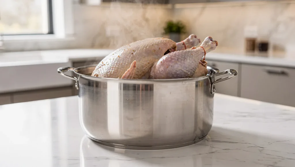 Turkey carcass in stock pot for making bone broth after Thanksgiving