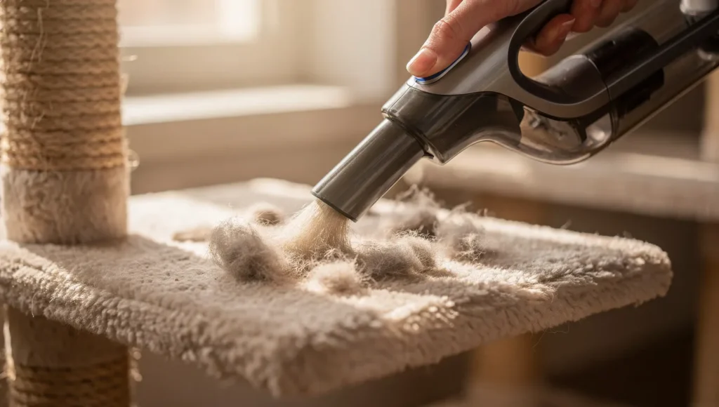 Pet owner vacuuming cat fur from carpeted cat tree platform