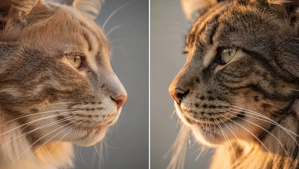 Close-up comparison of Norwegian Forest Cat straight nose versus Maine Coon curved nose profile