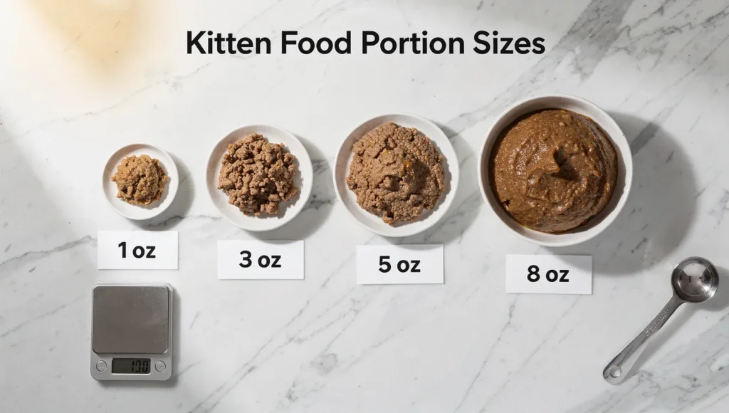 Visual guide showing accurate wet cat food portions from 1oz to 5oz