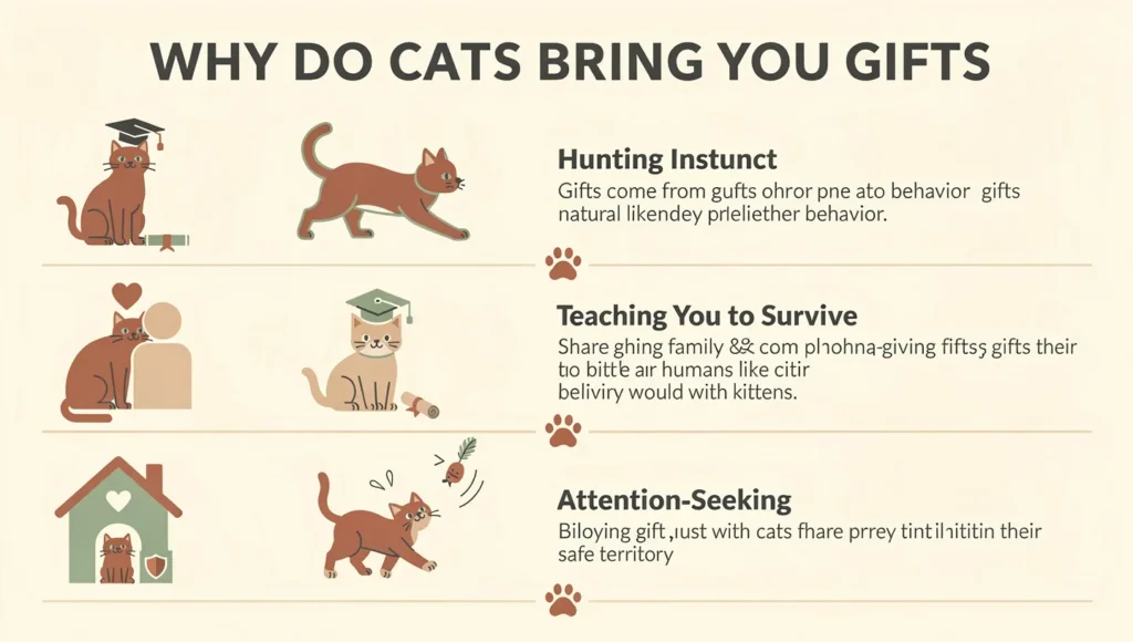 Infographic explaining 6 reasons why cats bring gifts to their owners, including hunting instinct, trust, and maternal behavior
