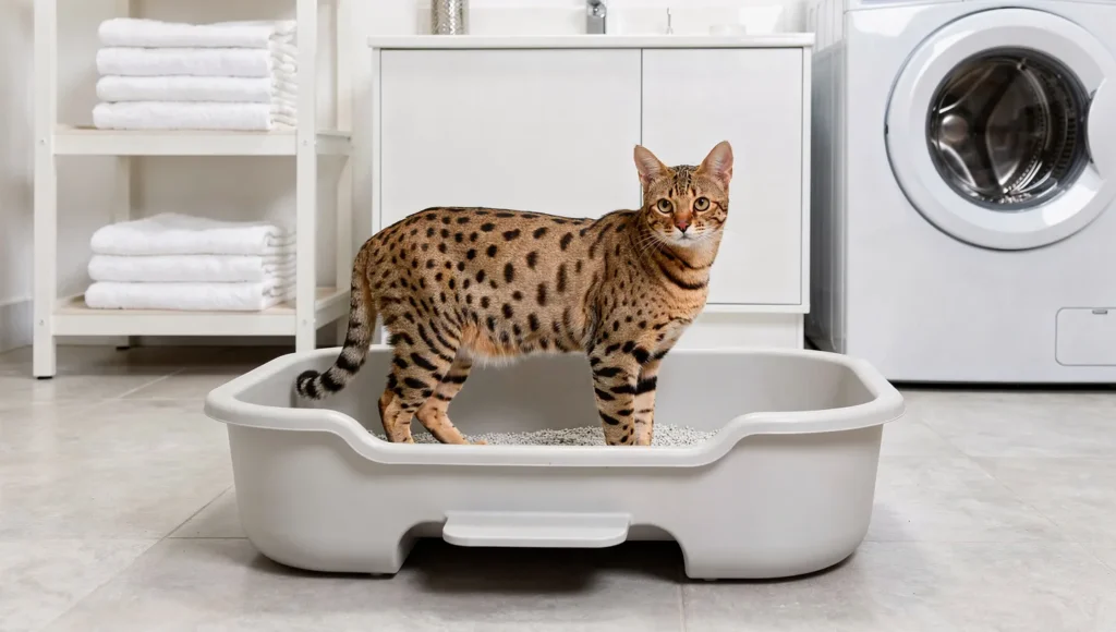 Extra-large litter box setup suitable for Savannah cat size requirements