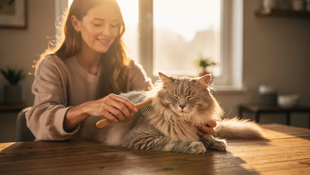 Person gently brushing a relaxed long-haired cat near a sunny window to prevent matting