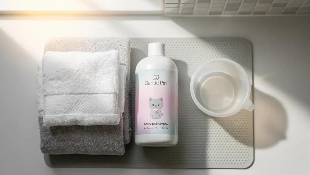 Cat bath supplies laid out on bathroom counter