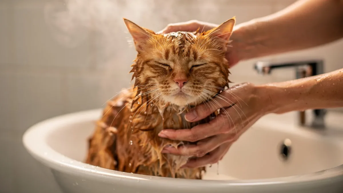 Owner gently bathing a calm cat in a sink