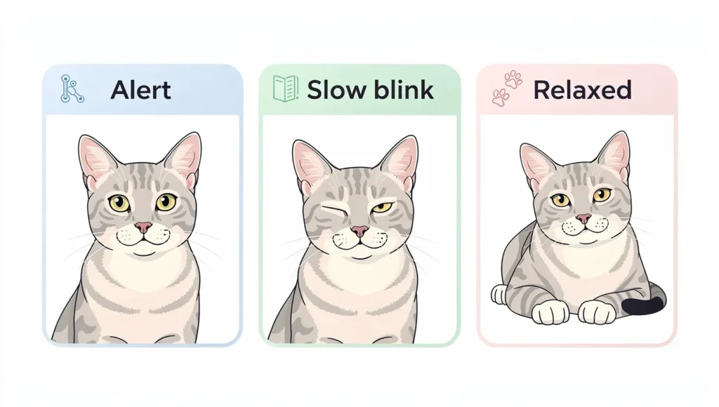 Cat Slow Blink Meaning: Infographic of cat eye communication stages