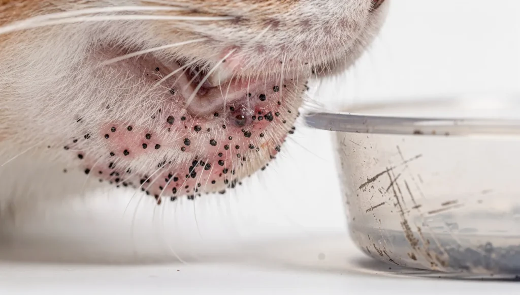 Cat chin acne caused by plastic food bowl bacteria