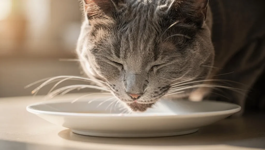 Cat eating comfortably from a flat wide plate without whisker stress