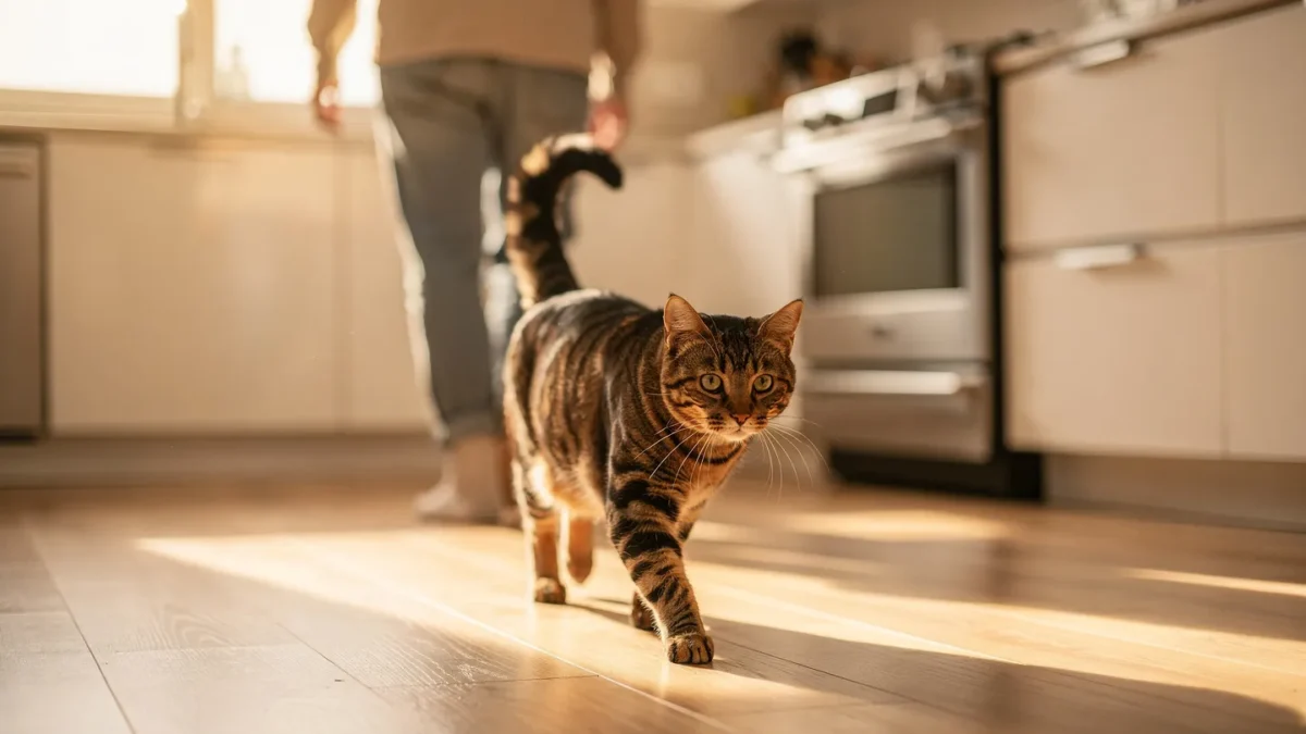 Why Does My Cat Follow Me Everywhere? Cat following owner in kitchen