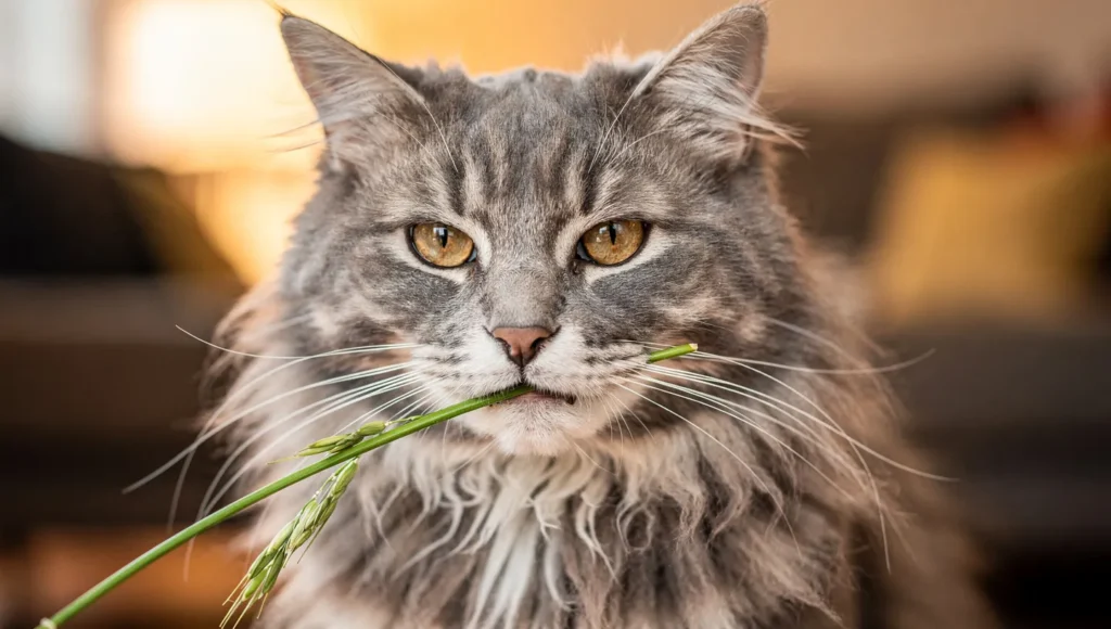 Long-haired gray cat chewing a blade of oat grass indoors