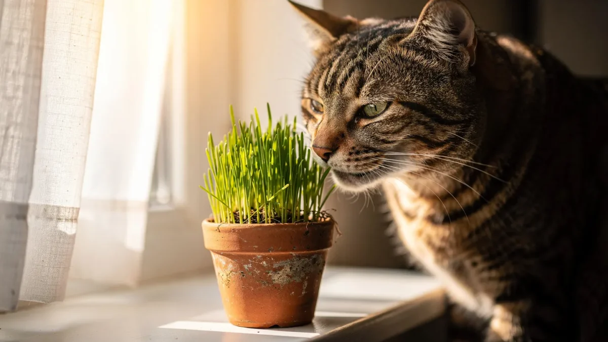 Cat Grass Benefits Tabby cat eating fresh cat grass on a sunny windowsill