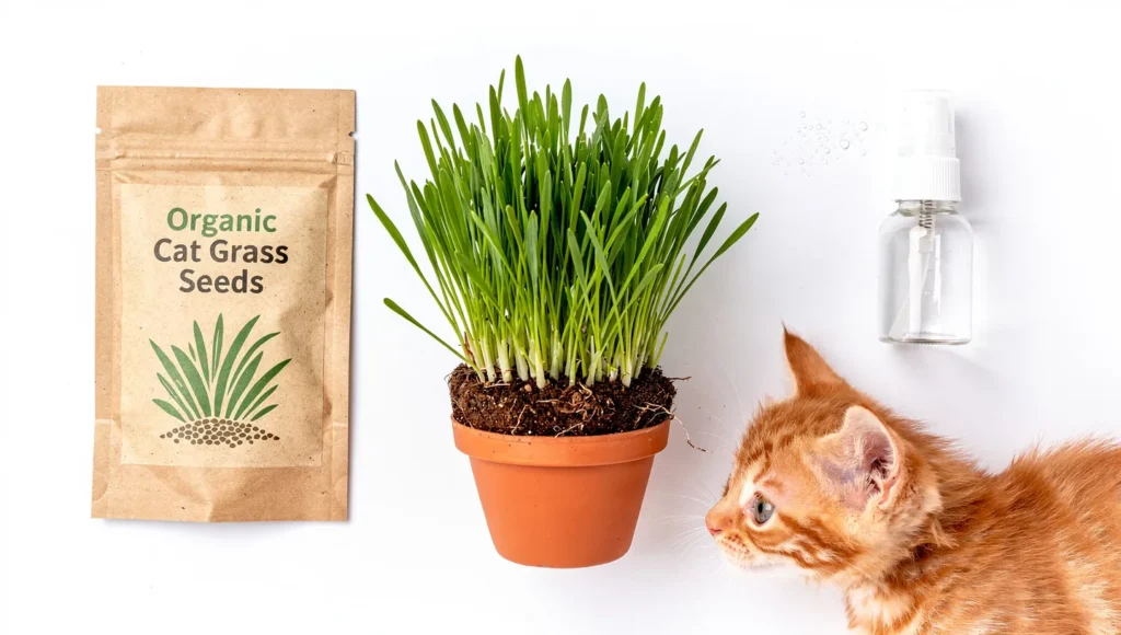Cat grass growing kit with orange kitten sniffing sprouts