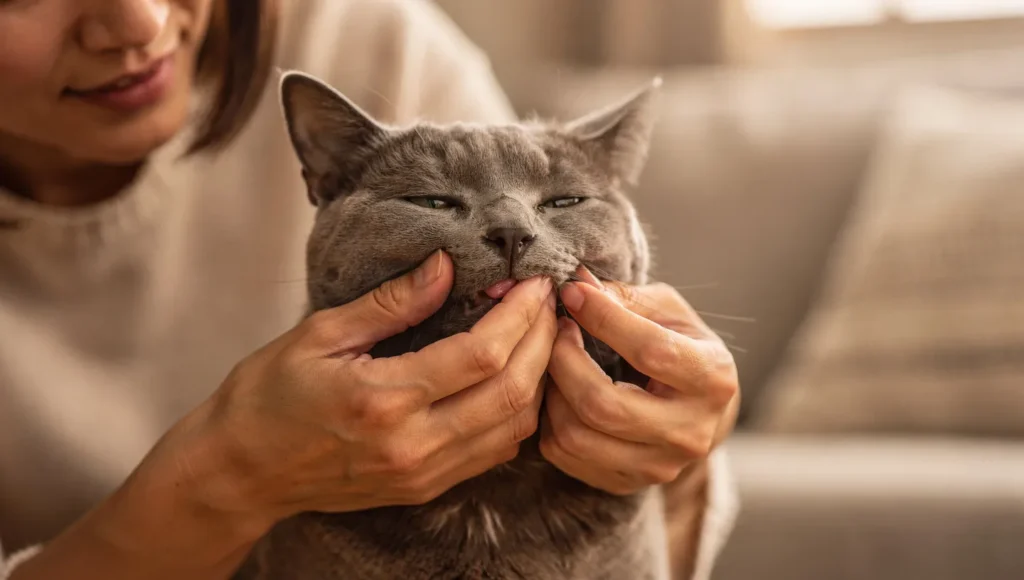 Owner gently checking cat nose and gums at home