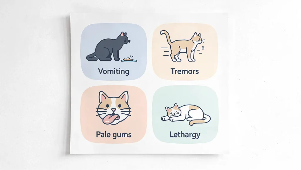 Overhead flat lay of foods toxic to cats including onions, garlic, grapes, and chocolate