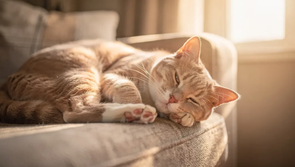 Happy healthy cat resting peacefully at home