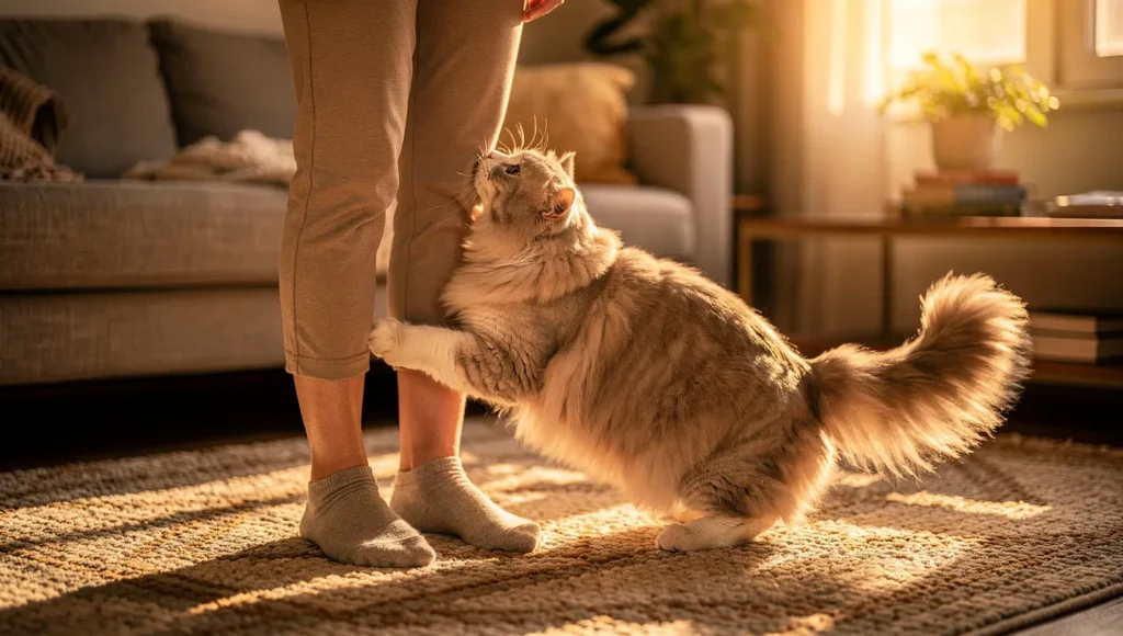 Cat rubbing against owner's legs seeking attention