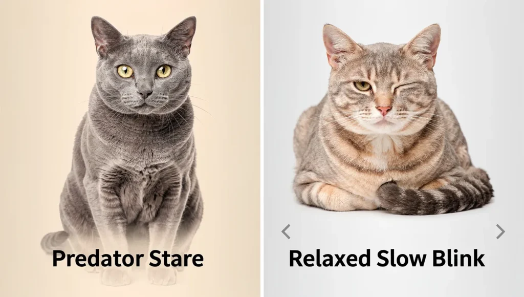 Cat slow blink meaning comparison showing a relaxed cat with soft eyes vs a staring cat with wide pupils