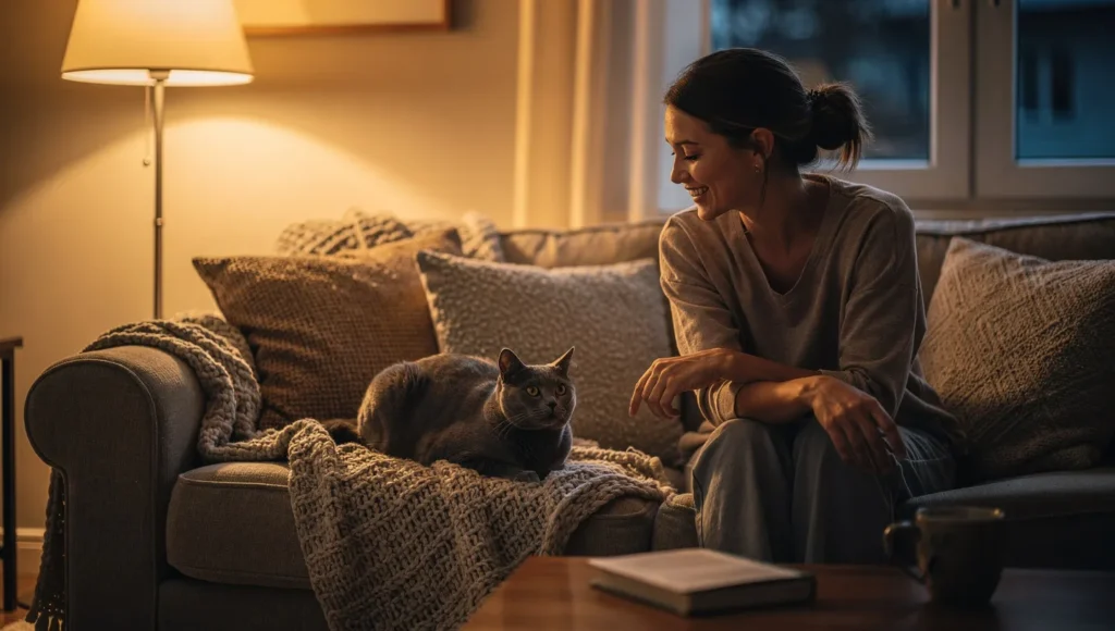 Person responding to a cat with a slow blink