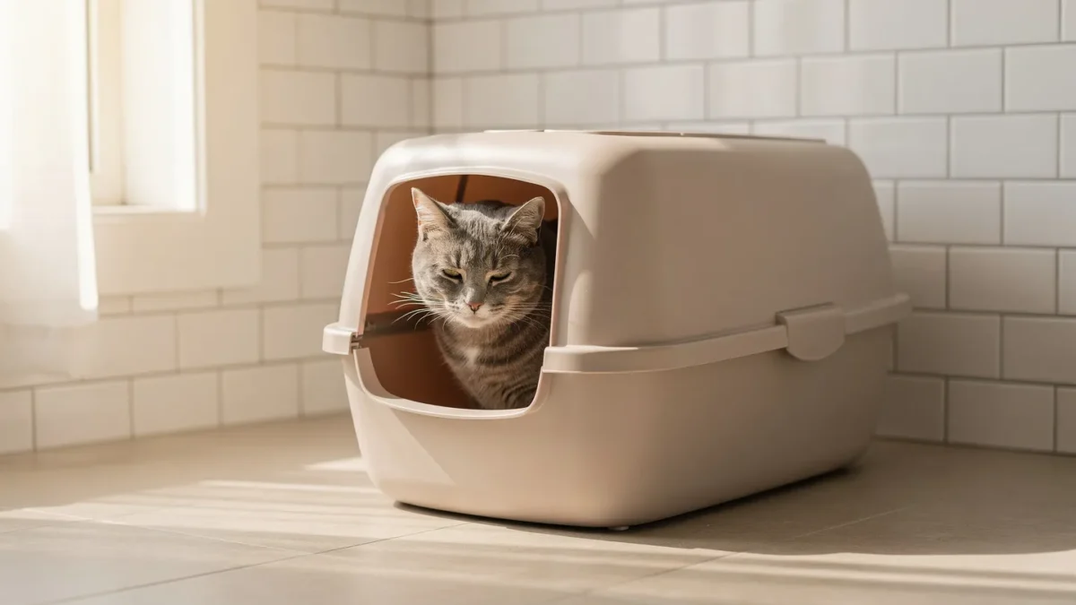 Litter Box Placement: Cat using litter box in quiet bathroom corner with natural lighting