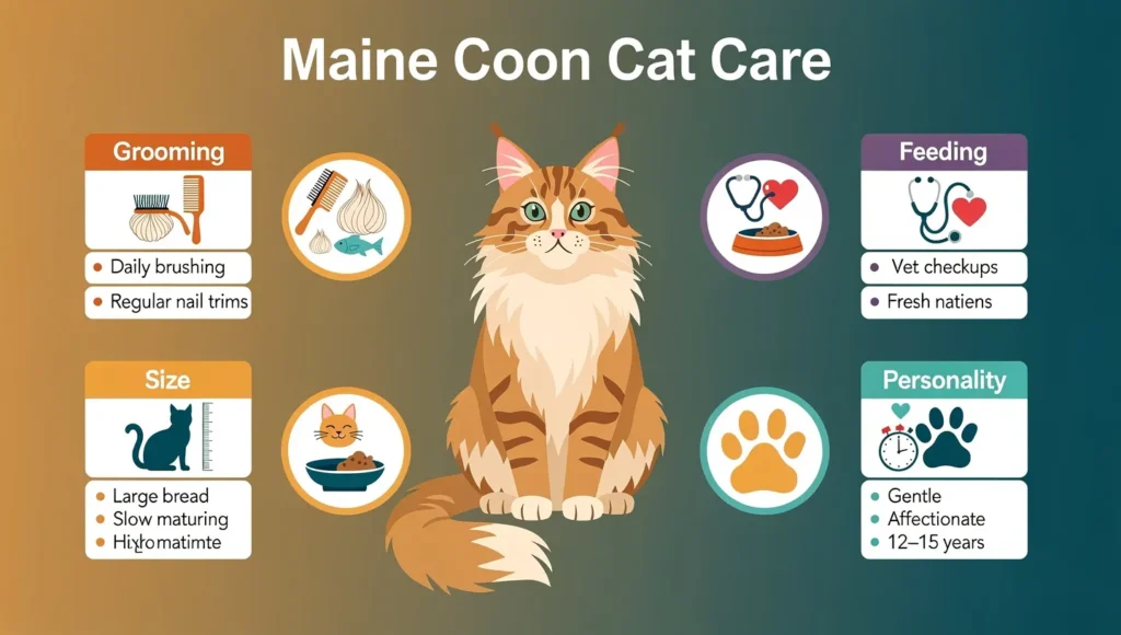 Maine Coon cat care guide infographic — grooming feeding health lifespan 