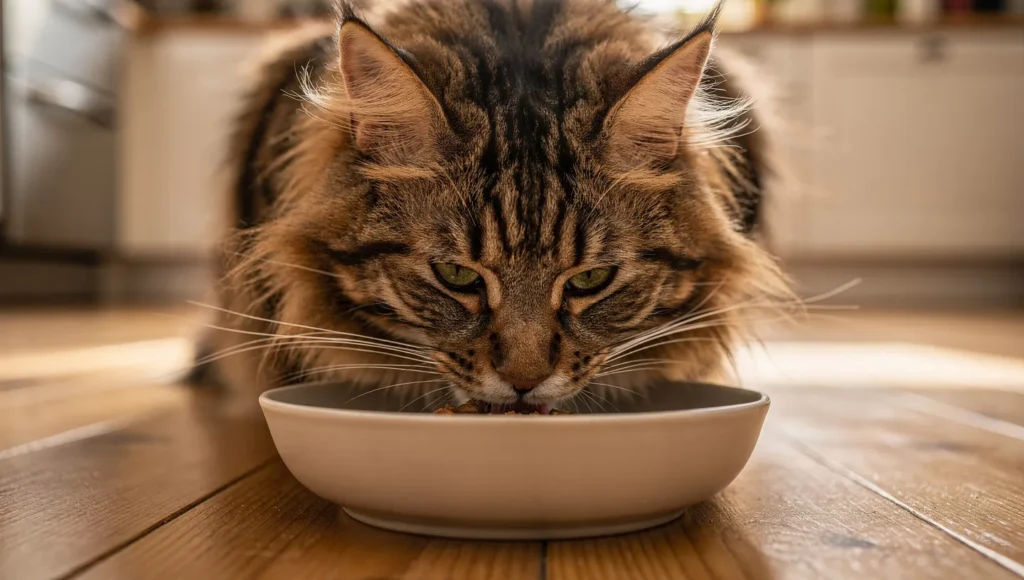 Maine Coon cat eating from a wide ceramic bowl