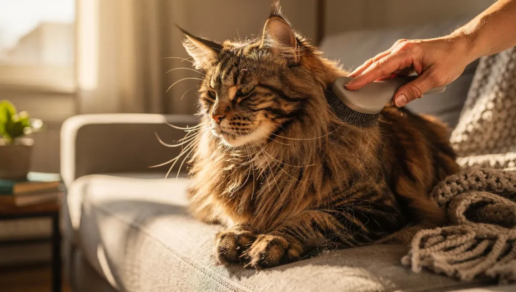 Owner brushing a Maine Coon cat at home 
