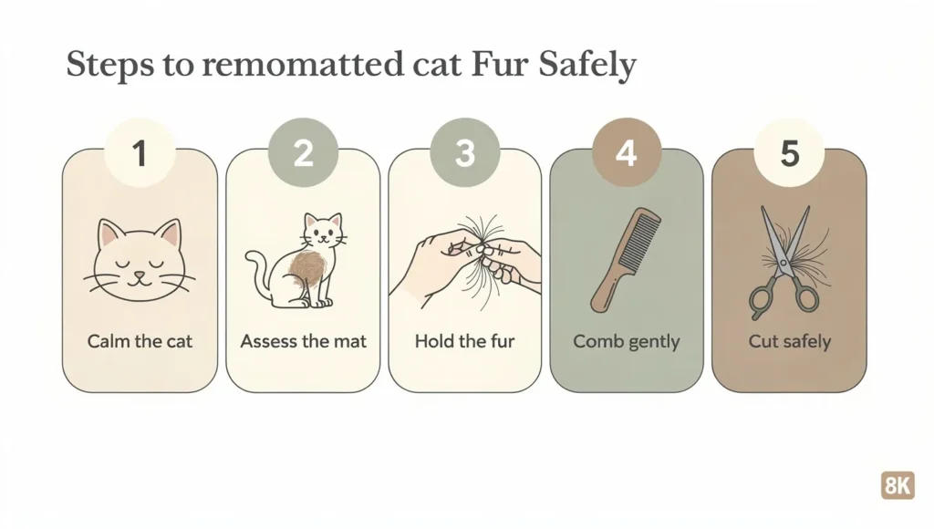 Infographic showing 5 steps to safely remove matted cat fur