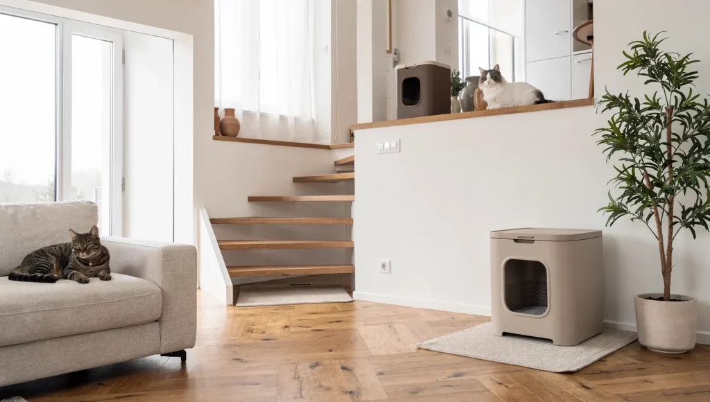 Multiple litter boxes placed on different floors in a multi-cat home
