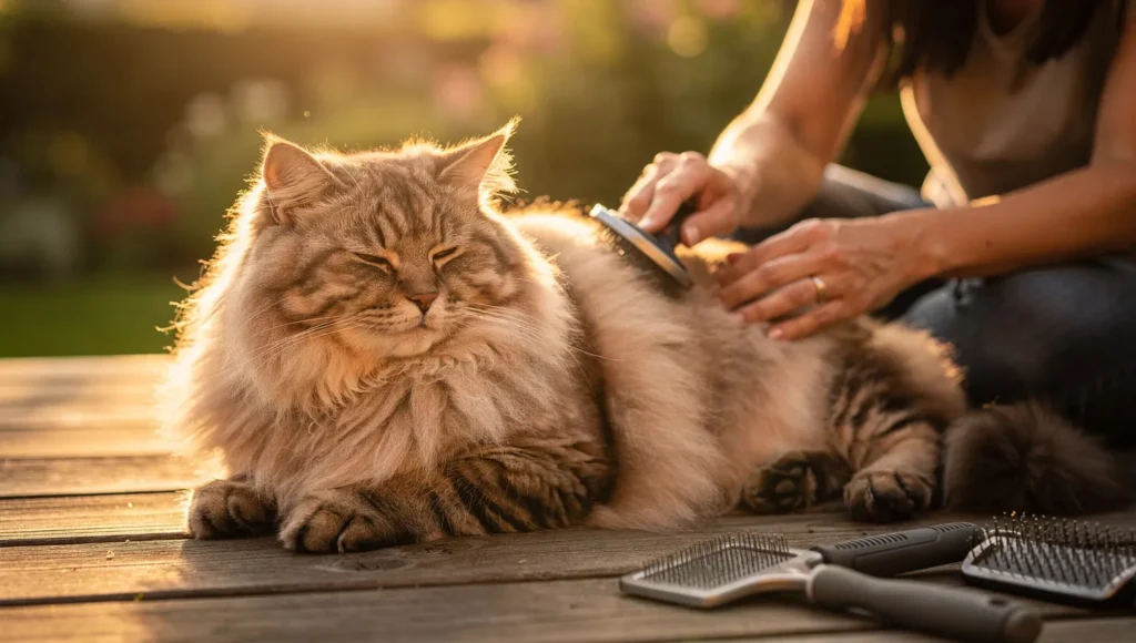 Owner brushing Siberian cat outdoors to reduce allergens