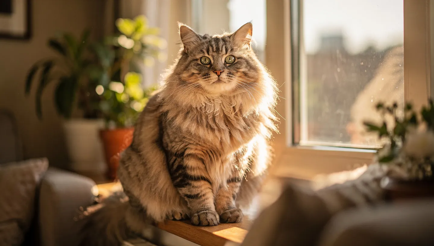 Are Siberian Cats Hypoallergenic? Fluffy Siberian cat sitting near sunny window