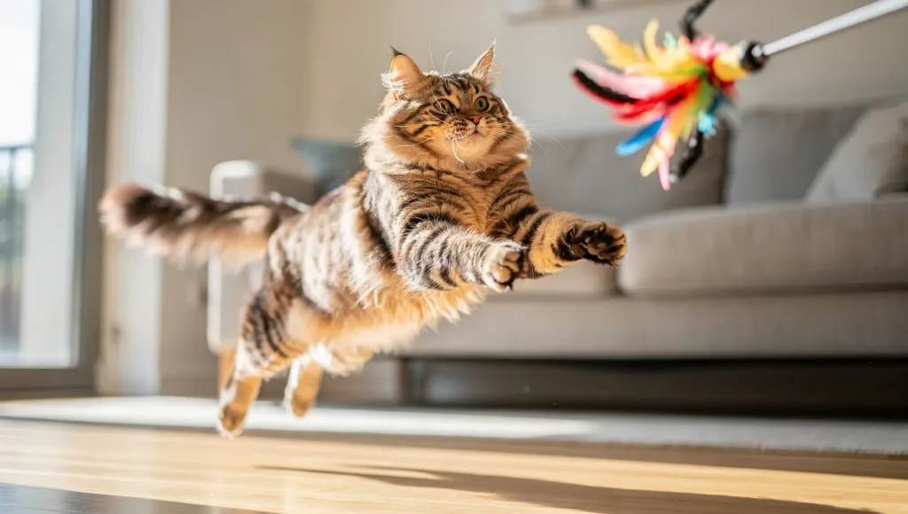 Siberian cat playing with feather toy indoors