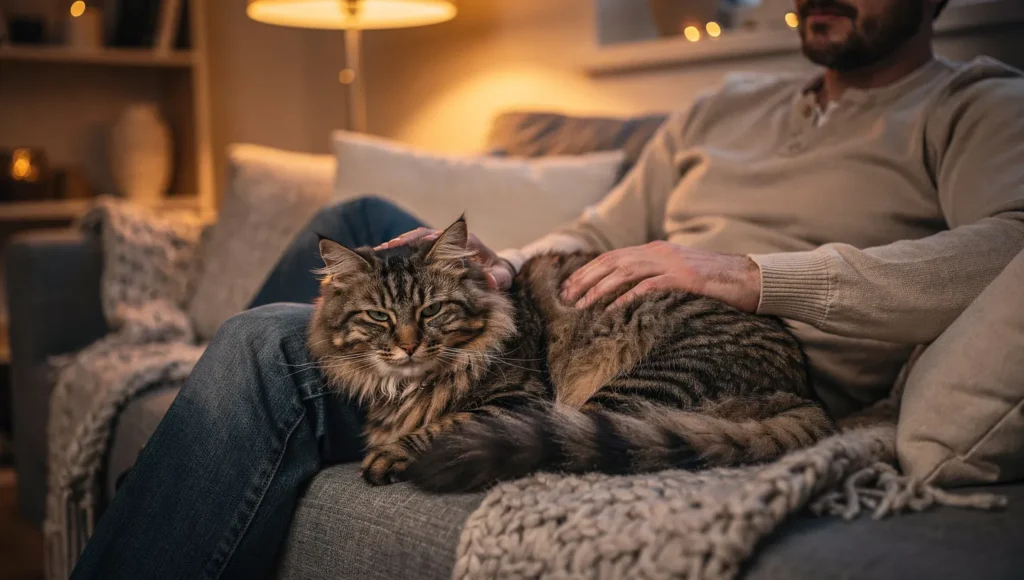 Siberian cat sitting calmly with owner on couch