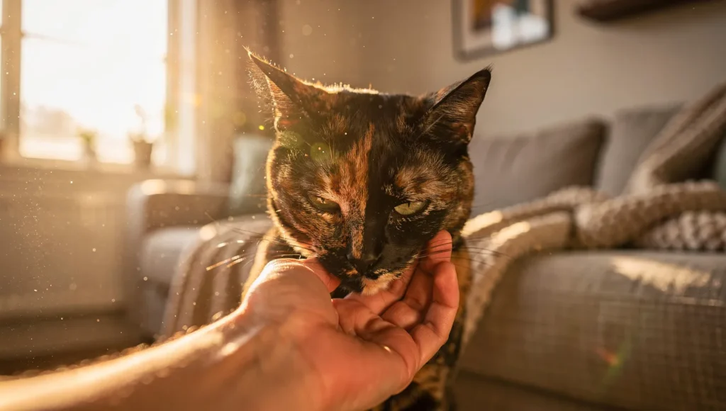 A tortoiseshell cat showing affection to its owner on its own terms