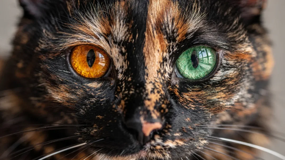 Close-up of a tortoiseshell cat with an expressive and intelligent look