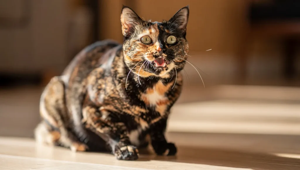 A tortoiseshell cat meowing and communicating with its owner