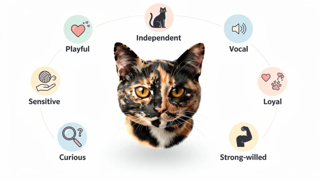 Infographic showing 7 core traits of tortoiseshell cat personality Tortoiseshell Cat Personality